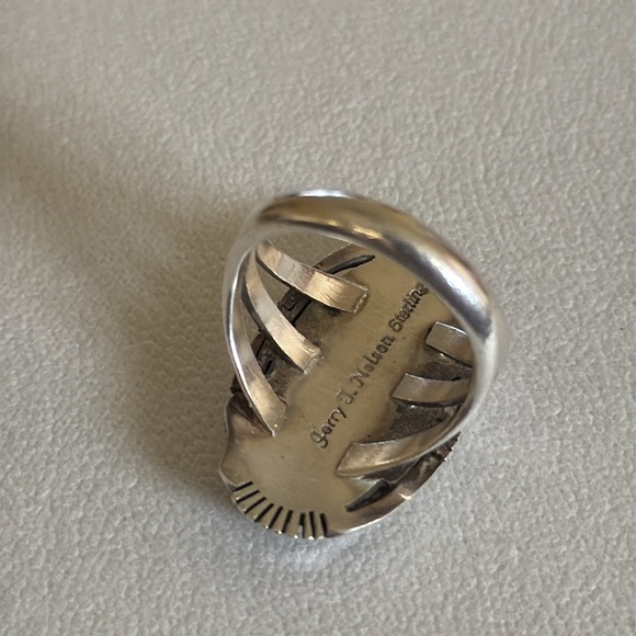 Navajo Handmade vintage Silver and Turquoise Inlay Ring size 9 - Picture 6 of 14